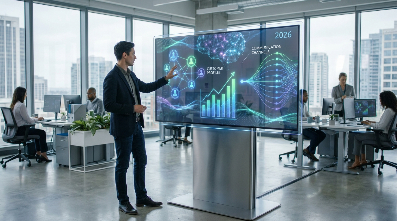 A man interacting with a holographic display showing CRM data like customer profiles and growth charts in a modern office.