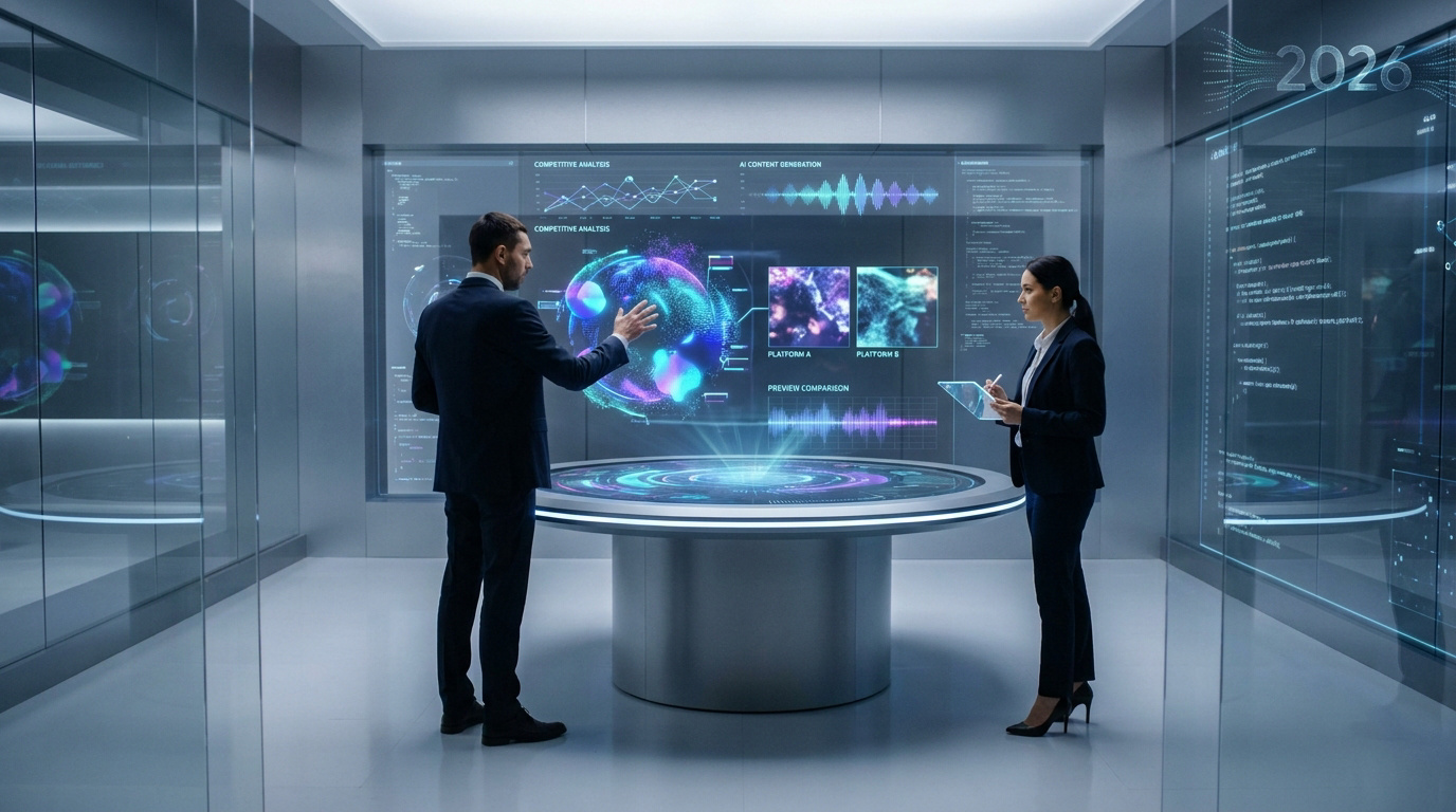 Two business professionals in a futuristic office using a holographic interface to analyze AI video platforms in 2026.
