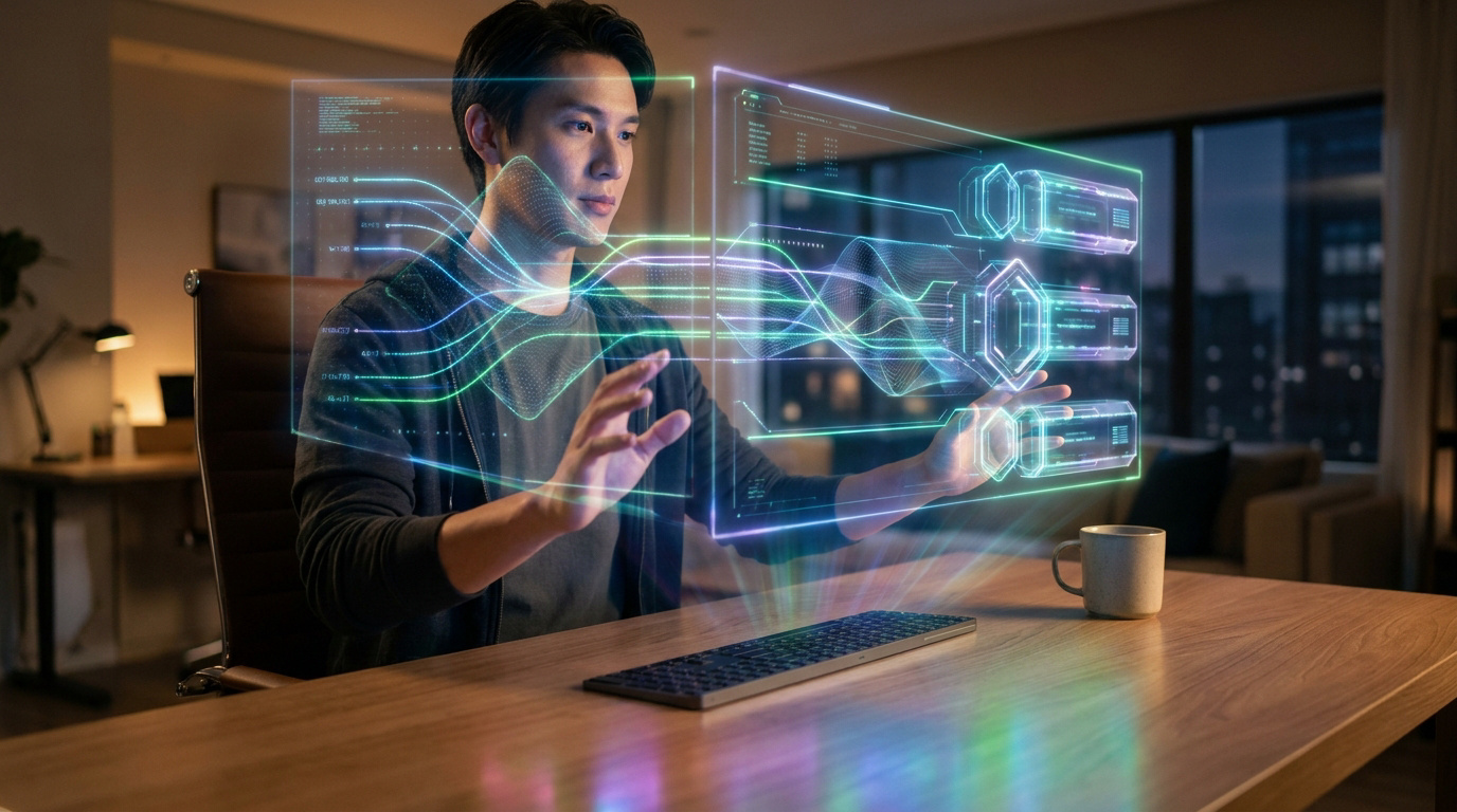 A man interacting with a holographic interface representing data streams and code in a modern home office.