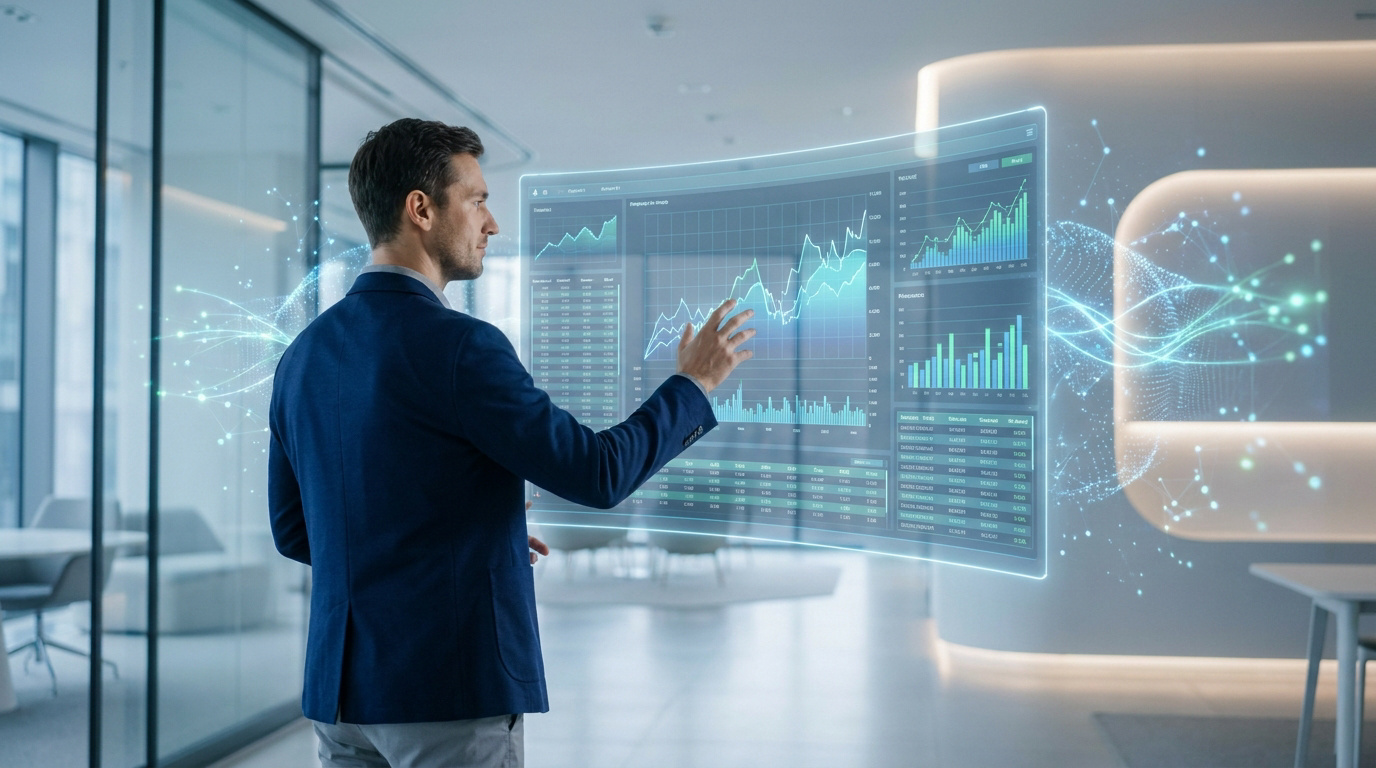 A man in a business suit interacts with a floating digital holographic interface displaying financial charts and data.