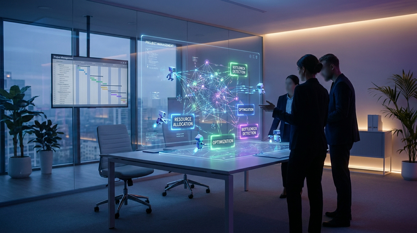 Professionals interacting with a glowing holographic AI interface in a modern office, contrasting with a traditional Gantt chart.