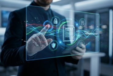 A professional in a suit interacting with a glowing digital interface displaying HIPAA compliance and security icons.