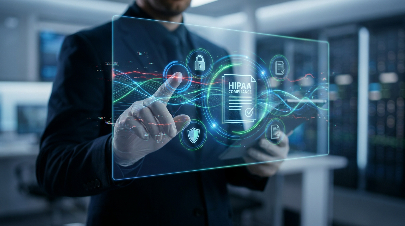 A professional in a suit interacting with a glowing digital interface displaying HIPAA compliance and security icons.